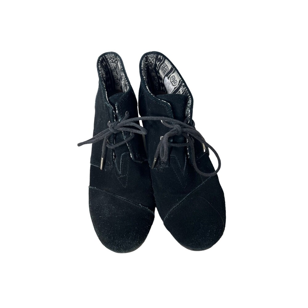 Tom's Lace Up Black Suede Wedge Booties Sz 8.5 Womens Shoes Boots Leather